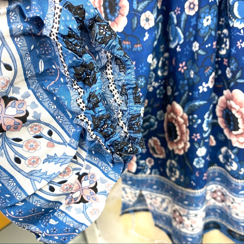 Blue Boho Floral Print Puff Sleeve Peasant Blouse - Picture 10 of 14